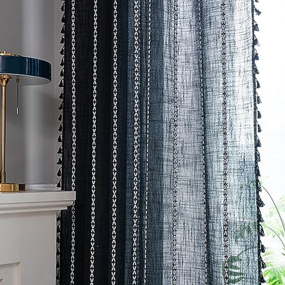Sutuo Home Boho Curtains for Bedroom Living Room Kitchen, Semi Blackout Linen Farmhouse Shabby Chic Tassels Window Treatment Bohemian Embroidery Drape, Rod Pocket 1 Panel 52" W x 96" L, Black - color: Black Stripes, size: 52"W x 96"L (Pack of 1)