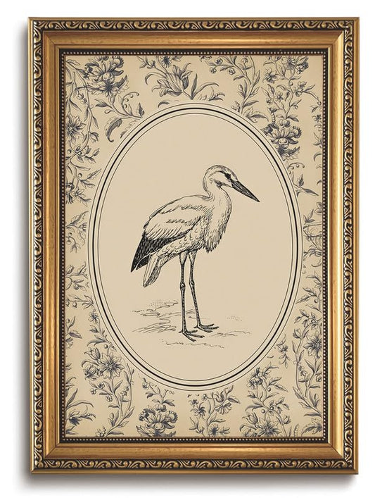Vintage Heron Gold Framed Canvas Wall Art 16x24 | Vintage French Country Wall Decor, Heron Floral Canvas Print, Neutral Cottagecore Bird Picture - color: Blue stork, size: 24"L x 16"W