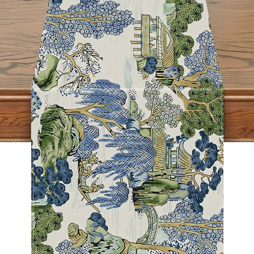 Snycler 13x72 Inch Table Runner Chinoiserie Vintage Style Mountain Spring Summer Table Runner, Seasonal House Trees Luxury Farmhouse Kitchen Dining Table Decoration for Home Party Decor - color: Chinoiserie #3, size: 13" x 72"