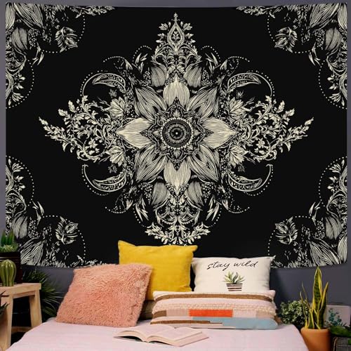 Lifeel Black and White Floral Tapestry, Boho Aesthetic Tapestries, Wall Hanging for Bedroom Living Room Dorm - color: Black, size: 80"L x 60"W