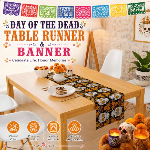Dia De Los Muertos Decorations - Sugar Skull Table Runner with Banner - color: Dia De Los Muertos