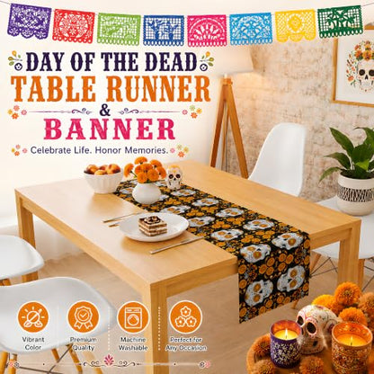 Dia De Los Muertos Decorations - Sugar Skull Table Runner with Banner - color: Dia De Los Muertos