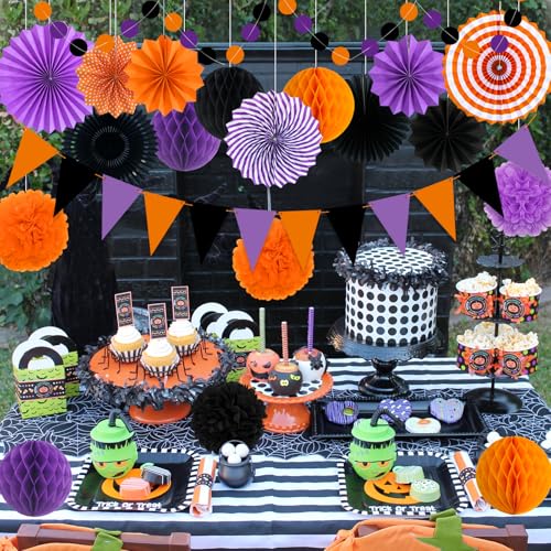 26 Pcs Halloween Party Decorations Kit, Paper Fans Pom Poms Banner 8-16 in - color: Purple