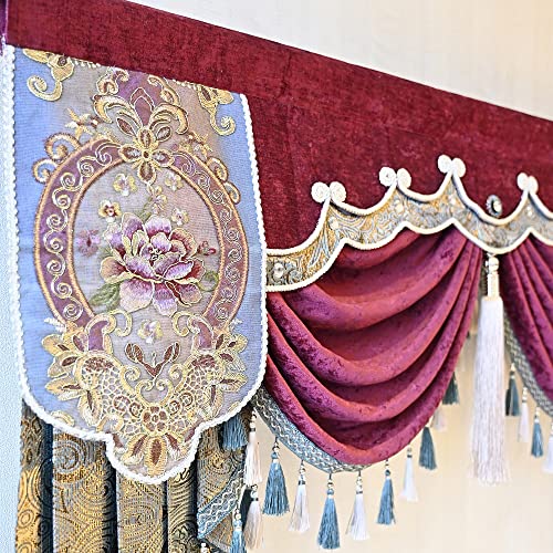 Luxury Burgundy Waterfall Valance Curtain, Floral Embroidered Swag Valance - size: 98"W x 47"L (Pack of 1)