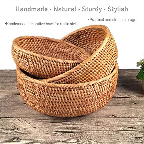 Hadewoven Round Rattan Fruit Basket Wicker Food Tray Weaving Storage Holder Dining Room Bowl, 8 Inch Small Bread Baskets Tray for Serving with Deep Wall, Brown (Small 7.48”) - size: Small 7.48"