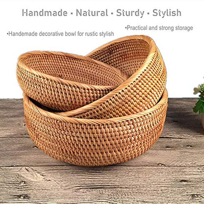 Hadewoven Round Rattan Fruit Basket Wicker Food Tray Weaving Storage Holder Dining Room Bowl, 8 Inch Small Bread Baskets Tray for Serving with Deep Wall, Brown (Small 7.48”) - size: Small 7.48"