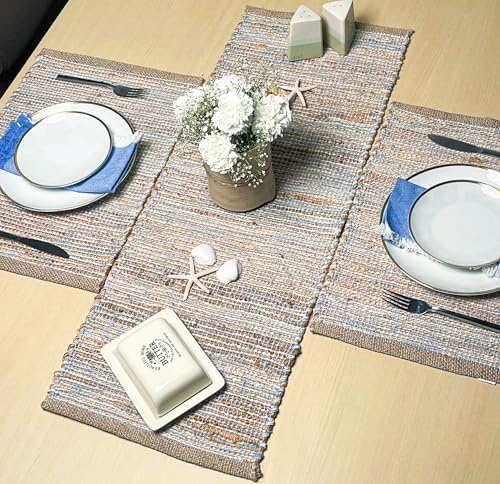 Chardin Home Natural Jute Table Runner, 13x36 Inch, Sky Blue-White - color: Natural Jute-sky Blue-white, size: 13x36 Inch.