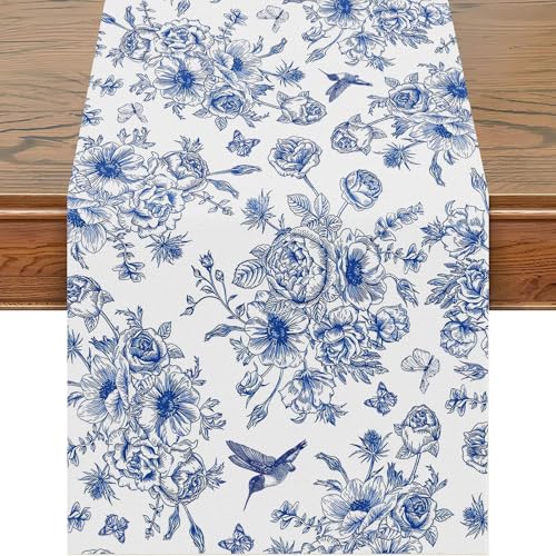 Snycler 13x72 Inch Table Runner Blue Monochrome Sketch Flower Birds Butterfly Table Cover Retro Floral Kitchen Dining Table Decoration for Indoor Outdoor Home Party Restaurant Supplies - color: Blue Sketch Flower, size: 13" x 72"