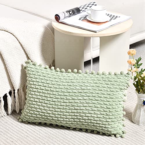 Fancy Homi Set of 2 Sage Green Lumbar Decorative Throw Pillow Covers 12x20 Inch with Pom-poms for Couch Bed Sofa, Modern Farmhouse Boho Home Decor, Soft Plush Corduroy Rectangle Cushion Case 30x50 cm - color: Sage Green, size: 20" x 12" (Pack of 2)
