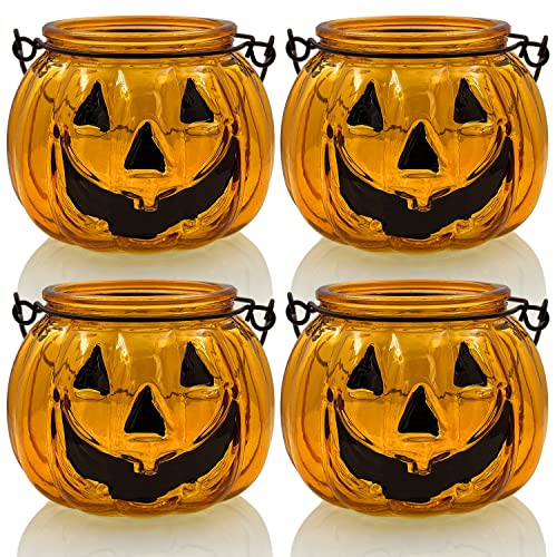 Halloween Candle Holders Set of 4, SHMILMH Tealight Votive Candle Holders with Grimace, Metal Hanging Pumpkin Jack O Lanterns Decorative Halloween Table Centerpiece Orange