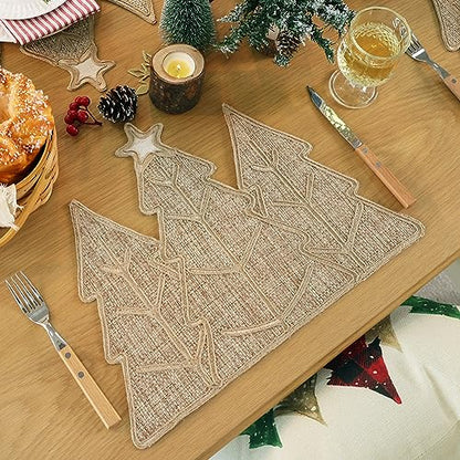 Feuille Burlap Farmhouse Winter Placemats Set of 4 Christmas Tree Holiday Placemats for Table Decorations - style: Christmas Tree