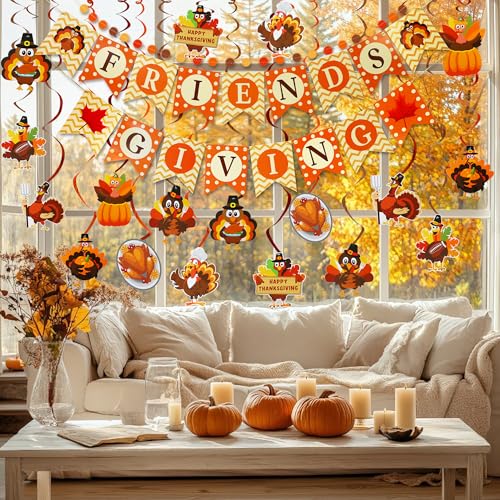 Thanksgiving Party Decorations Set - NO DIY - Friendsgiving Banner & Turkey Hanging Swirls & Circle Dots Garland Banner, Thanksgiving Decorations for Home Office Classroom Friendsgiving Party Decor - style: Friendsgiving