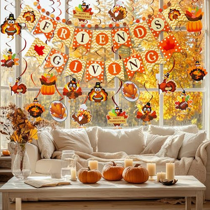 Thanksgiving Party Decorations Set - NO DIY - Friendsgiving Banner & Turkey Hanging Swirls & Circle Dots Garland Banner, Thanksgiving Decorations for Home Office Classroom Friendsgiving Party Decor - style: Friendsgiving