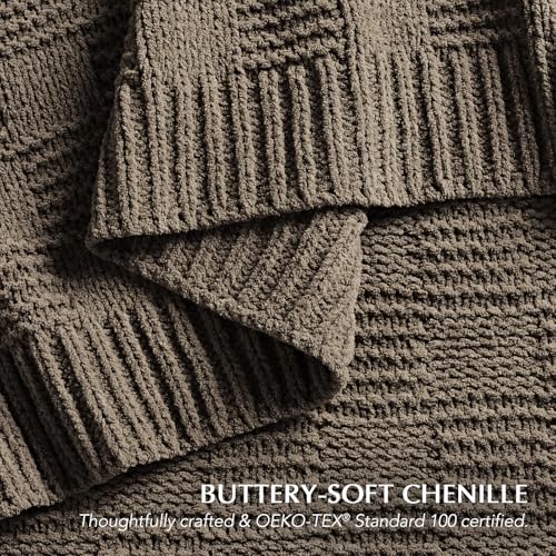 EVERGRACEHOME Modern Checkered Chenille Throw Blanket, 50x60, Mocha Brown - color: Mocha Brown, size: 50" X 60"