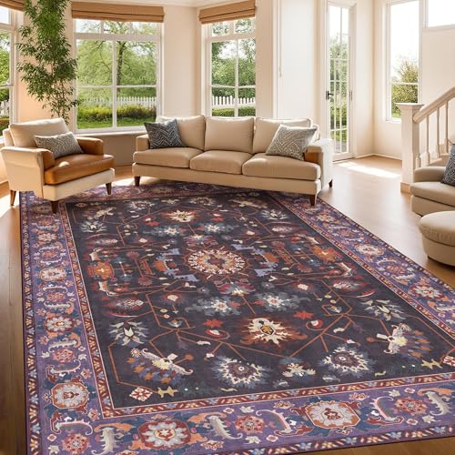 6x9 Vintage Botanical Purple Gray Living Room Area Rug Oriental Washable - color: Plum/Purple/Rust/Charcoal, size: 6' x 9' (Rectangular)