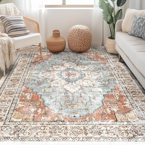BESTSWEETIE Washable Boho 6x9 Area Rug, No Pile, Living Room, Green Brick - color: Green/Brick/Rust Red, size: 9' x 6' (Rectangular)