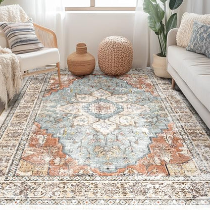 BESTSWEETIE Washable Boho 5x7 Area Rug, No Pile, Living Room, Green Brick - color: Green/Brick/Rust Red, size: 7' x 5'3" (Rectangular)