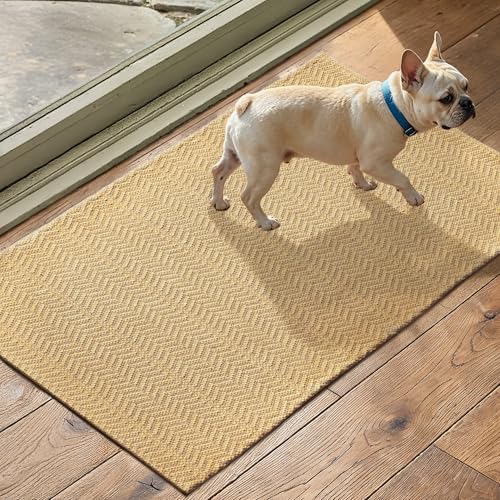 MatEssenz 17"x29.5" Faux Linen Entryway Rug, Washable Woven Textured Indoor Doormat with Slip Resistant Gel Backing, Low Profile Front Door Mat for Mudroom Hallway, Khaki - color: Khaki, size: 1'5" x 2'6" (Rectangular)
