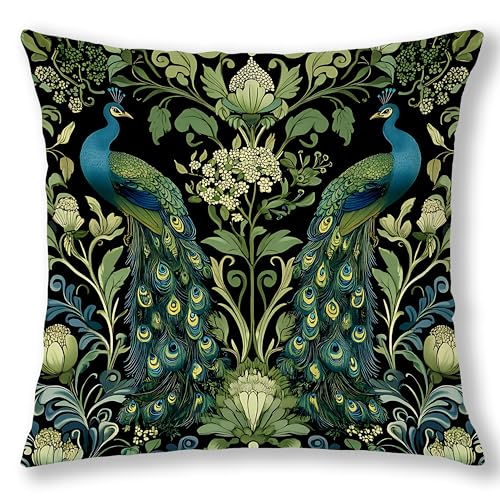 Vintage Dark Green Floral Peacock Pillow Covers 18x18, Peacock Decor, Rustic Cottagecore Botanical Flower Decorative Throw Pillow Covers Pillowcases for Home Bedroom Living Room - color: Green & Blue 4, size: 18" x 18" (Pack of 1)