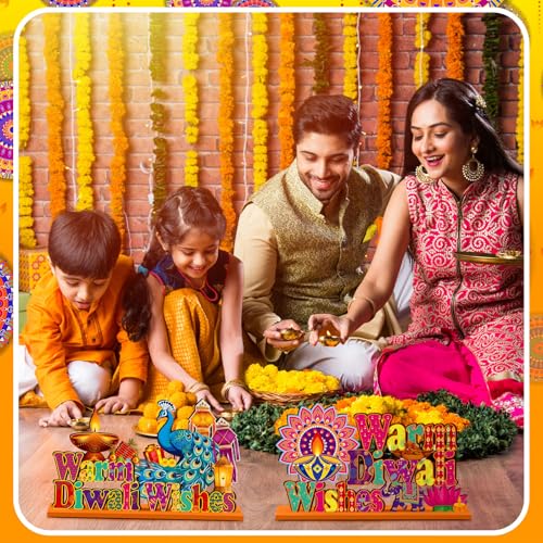 CroBlissful 6 Pcs Diwali Wooden Table Decor, Warm Diwali Washes Wooden Sign - style: Diwali