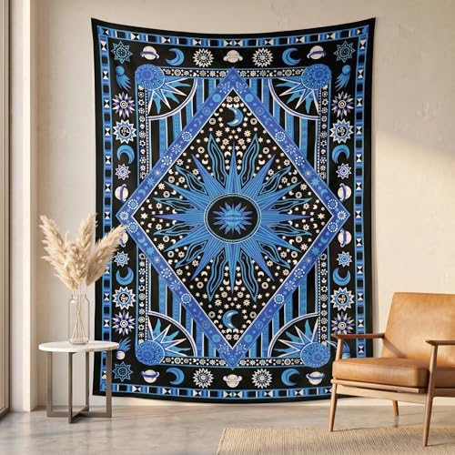THE ART BOX Blue Mandala Sun and Moon Wall Aesthetic Tapestry – Celestial Cotton Hanging for Bedroom Decor - color: Blue, size: 54"L x 60"W
