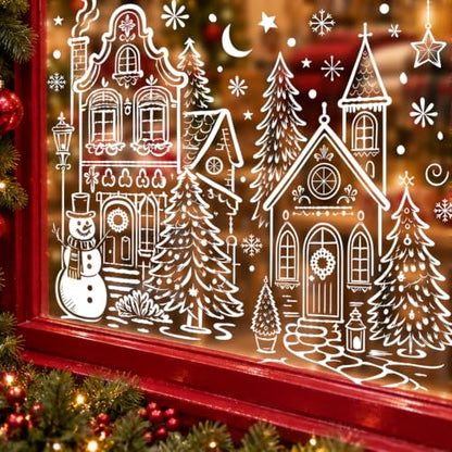 Extra Large Village Christmas Window Clings, Winter White House Stickers - color: Christmas Village