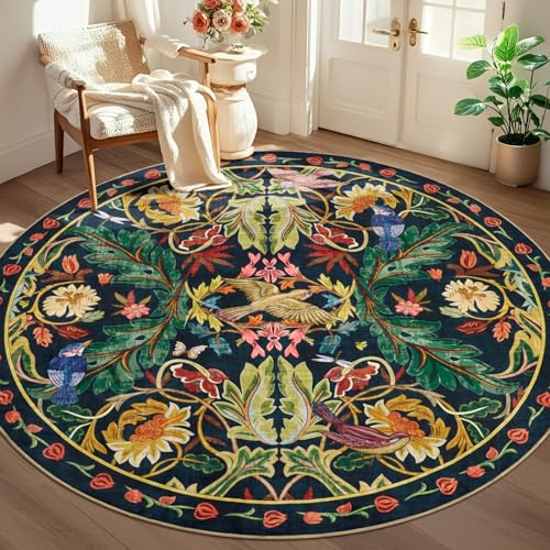 nesrt Jungle Round Area Rugs 8ft for Living Room, Soft Non-Slip Boho Circle Bedroom Rug, Washable Low Pile Floral Woodland Birds Throw Carpet for Dining Room Nursery Playroom (Dark Green) - color: Dark Green, size: 8' (Round)