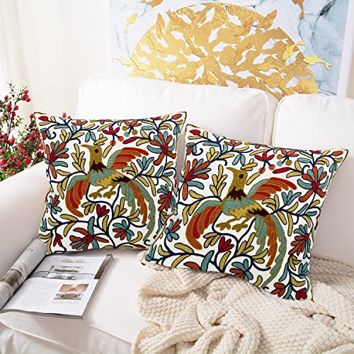 Alysheer Embroidered Summer Decorative Throw Pillow Cover 18"x 18" Set of 2, Boho Orange Bird Embroidery Patterned Cotton Cushion Case for Sofa Couch Living Room Bedroom Outdoor - color: Bird Orange, size: 18" x 18" (Pack of 2)