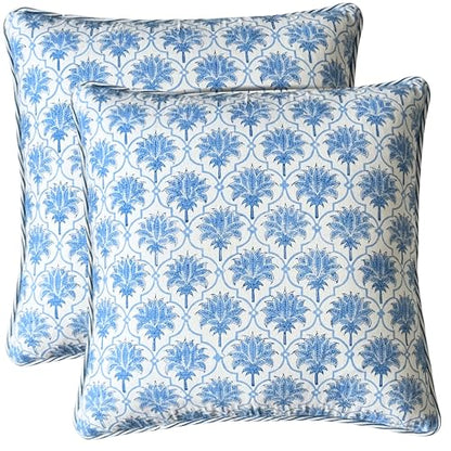 ATOSII Cotton Blockprint Throw Pillow Cover, Padma Blue, Set of 2, 18 X 18 - color: Padma, size: 18" x 18" (Pack of 2)