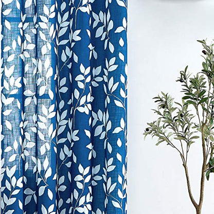 White Blue Leaf Semi Sheer Curtains 52x72" Living Room Window Panels 2pcs - color: Navy, size: 52"W x 72"L (Pack of 2)