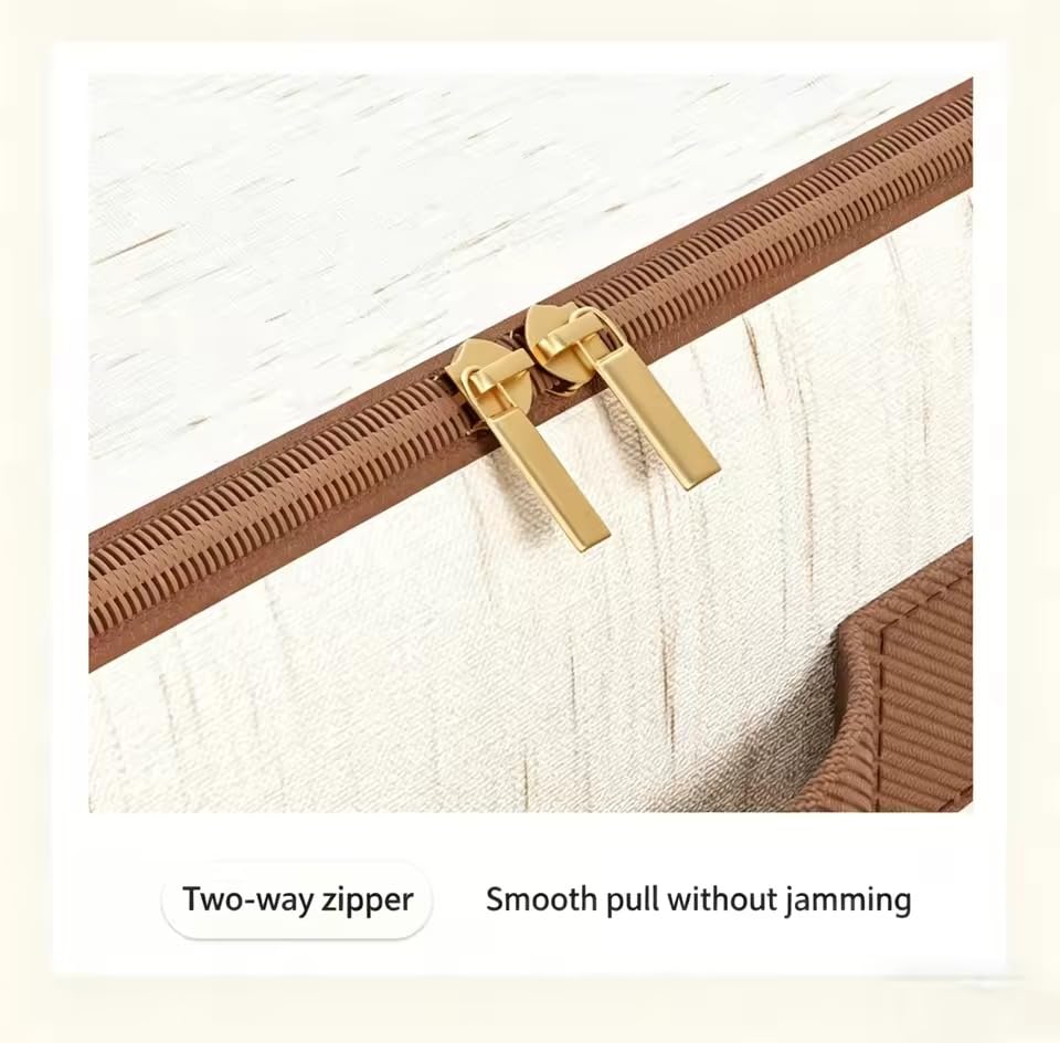 Storage Box with Lid & Zipper – 56L Large Cotton Linen Organizer Bin, Hardboard Structure, Gold Two-Way Zipper, Leather Handle, Foldable Closet Box for Clothes Blankets Toys, Beige