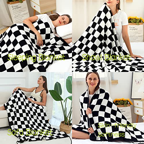 Ultra Soft Checkered Blanket Cozy Buffalo Check Throw Fluffy Knitted Reversible Throw Blanket Lightweight Fleece Checkerboard Grid Blanket for Sofa Couch Bed Travel, Classic Black, 51''x63'' - color: Classic Black