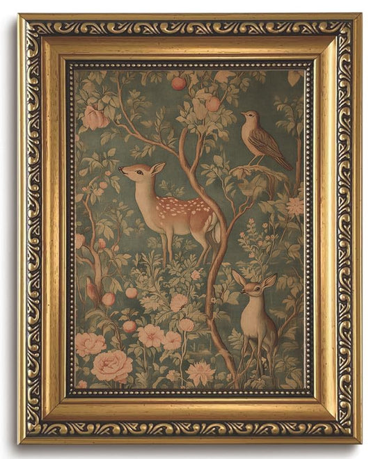 Vintage Woodland Deer Gold Framed Wall Art 8x10 | Rustic Cottagecore Wall Decor, Woodland Deer Canvas Print, Perched Bird Forest Picture - color: Deer forest tapestry, size: 10"L x 8"W