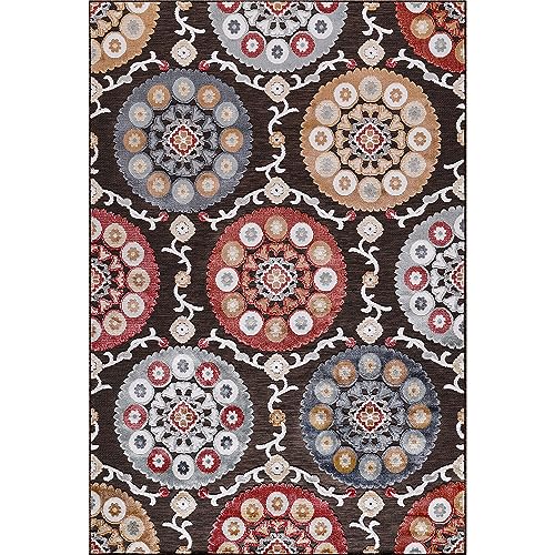 CAMILSON Indoor Outdoor Rug 6x9 Bohemian Medallion Floral Area Rugs for Indoor and Outdoor Patios Easy-Cleaning Non-Shedding Living Room Garden and Kitchen Washable Outside Carpet (6 x 9 / Brown) - color: 3003 Brown, size: 6' x 9' (Rectangular)