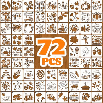 72 PCS Fall Stencils for Painting, 3x3 Inch Reusable Thanksgiving Stencils for Seasonal Home Art, Gourds Autumn Leave Turkey Thanksgiving Painting Templates on Wood, Window Door Decor DIY Decoration - style: 72PCS Thanksgiving