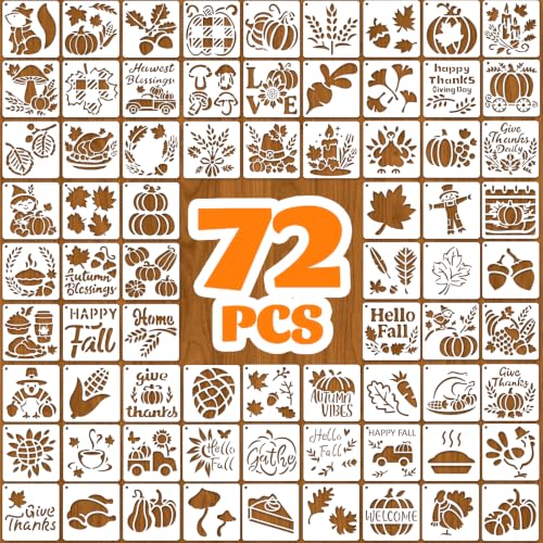 72 PCS Fall Stencils for Painting, 3x3 Inch Reusable Thanksgiving Stencils for Seasonal Home Art, Gourds Autumn Leave Turkey Thanksgiving Painting Templates on Wood, Window Door Decor DIY Decoration - style: 72PCS Thanksgiving