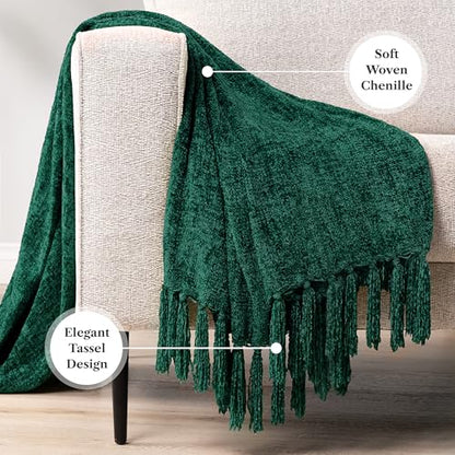 PAVILIA Chenille Throw Blanket, Knit Sofa Couch Tassel Throw, Green 50x60 - color: Emerald Green, size: 50 X 60 Inches - Throw