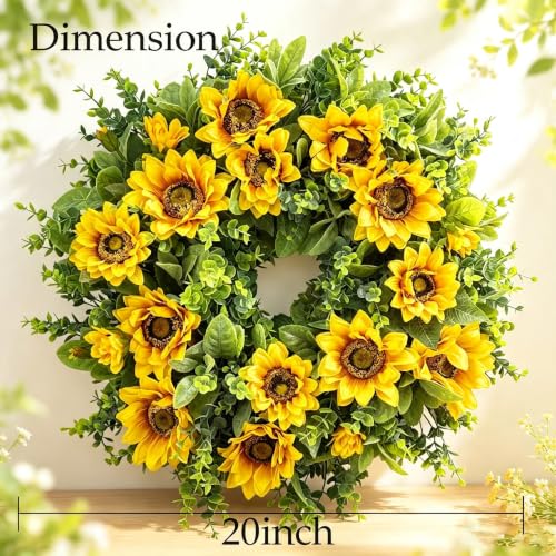20" Sunflower Wreath, Spring Floral Wreath for Front Door Porch Decor