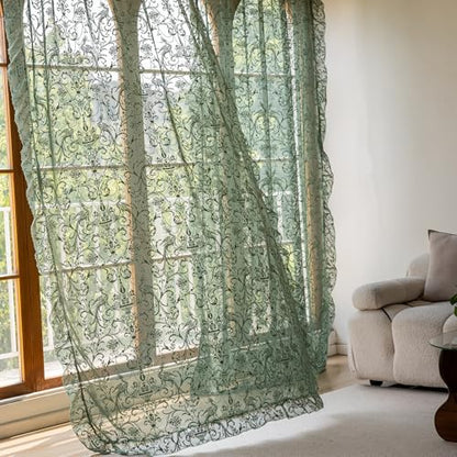 TUDECO Olive Green Lace Curtains 63 Inch Length, Sheer Ruffle 2 Panels - color: Olive Green, size: 59"W x 63"L (Pack of 2)