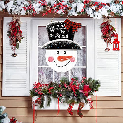 Whaline Large Christmas Snowman Wooden Hanging Sign Winter Welcome Door Sign with Buffalo Plaid Bow Snowman Wood Front Door Hanger for Home Indoor Outdoor Farmhouse Wall Window Decor - style: Classic