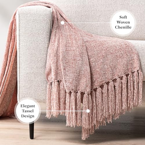 PAVILIA Chenille Throw Blanket, Knit Twin Size Tassel Throw, Pink 60x80 - color: Blush Pink, size: 60 X 80 Inches - Twin