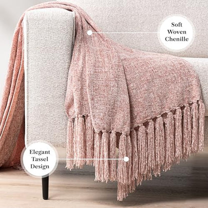 PAVILIA Chenille Throw Blanket, Knit Sofa Couch Tassel Throw, Pink 50x60 - color: Blush Pink, size: 50 X 60 Inches - Throw