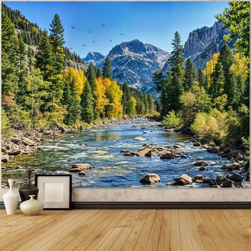 AMM Nature Forest Mountain Tapestry Green Pine Tree Tapestry for Bedroom Aesthetic Flowing River Landscape Tapestries Wall Hanging Bird Decor for Living Room Classroom Dorm Office - color: Green, size: 60"L x 44"W