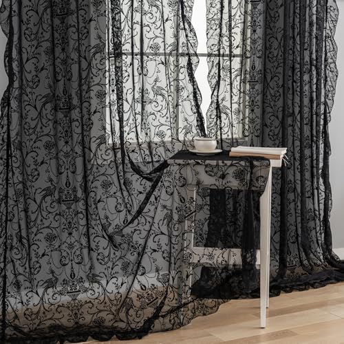 TUDECO Black Gothic Curtains for Bedroom -Whimsy Sheer Lace Curtains 72 Inch Length, Vintage Floral Moody Privacy Rod Pocket Light Flitering Lace Drapes 2 Panels, 59W x 72L Inch - color: Black, size: 59"W x 72"L (Pack of 2)
