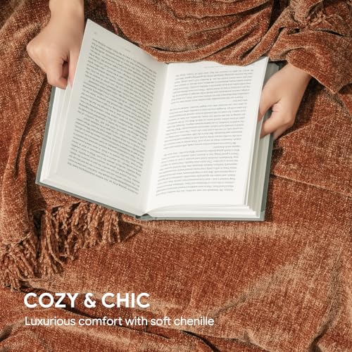 RECYCO Throw Blanket Soft Cozy Chenille Throw Blanket with Fringe Tassel for Couch Sofa Chair Bed Living Room Gift (Rust, 50" x 60") - color: Rust, size: 50'' X 60''