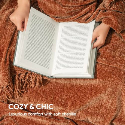 RECYCO Throw Blanket Soft Cozy Chenille Throw Blanket with Fringe Tassel for Couch Sofa Chair Bed Living Room Gift (Rust, 50" x 60") - color: Rust, size: 50'' X 60''