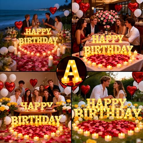 Happy Birthday Light up Letters, Include Tea Lights Candles, Latex Balloons, Aluminum Balloons and Rose Petals, Special Festival, Surprise Gifts for Women and Men - color: Happy Birthday