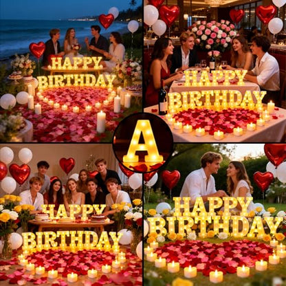 Happy Birthday Light up Letters, Include Tea Lights Candles, Latex Balloons, Aluminum Balloons and Rose Petals, Special Festival, Surprise Gifts for Women and Men - color: Happy Birthday