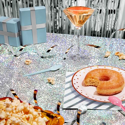 Red & Silver Carnival Laser Tablecloth 40" x 108" Shining Christmas Holiday Holographic Table Cloth Birthday Graduation Party Table Cover Plastic Foil Party Supplies For Anniversary Baby Shower - color: Red & Silver