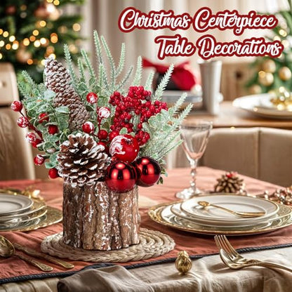 Christmas Decorations Indoor, Christmas Centerpiece Table Decorations, Small Artificial Tabletop/Desk Christmas Tree with Xmas Ornaments Pinecone Berry for Home Farmhouse Mantle Décor (Red)